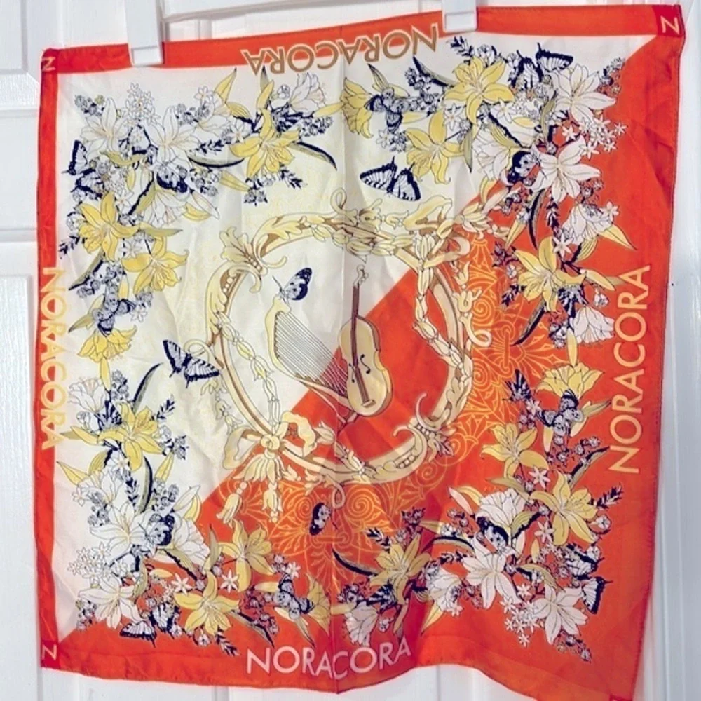 Vintage NORACORA Violin, Butterflies Print Orange Silk Square Scarf, 21
